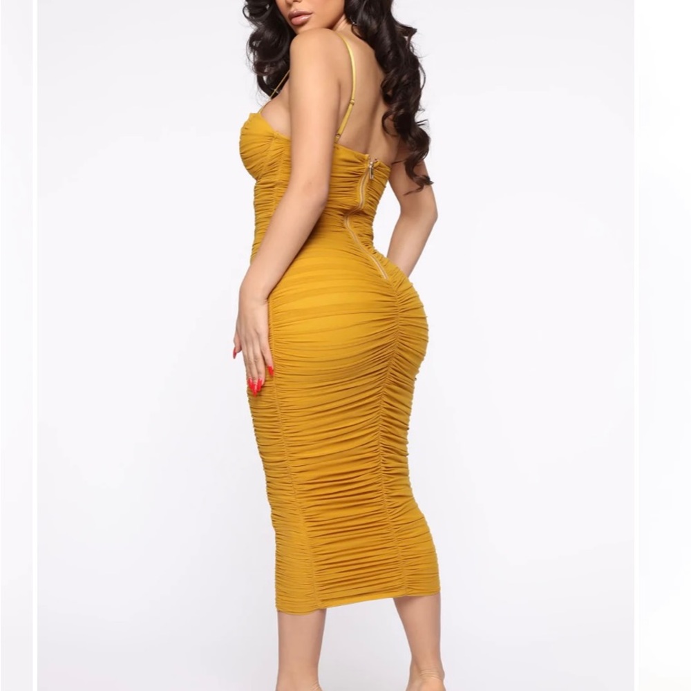 Mustard yellow ruched dress
